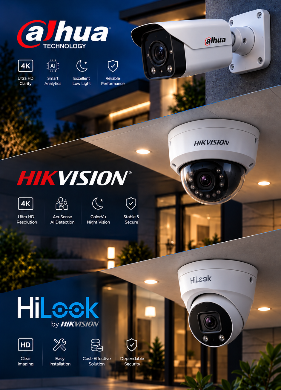 Dahua, Hikvision, and HiLook 4K security cameras professionally installed on Stretton home at night