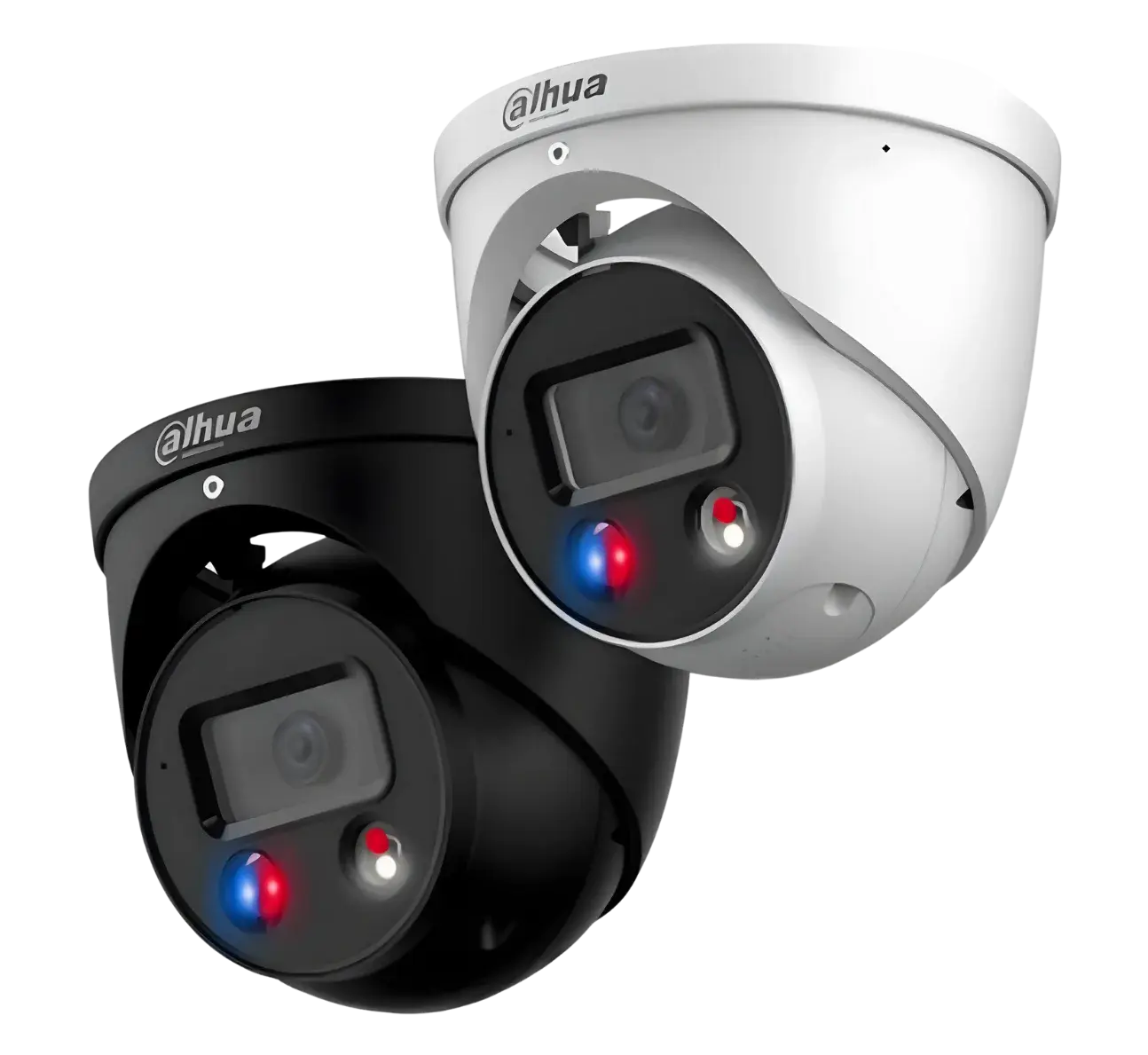 Dahua TiOC Three-in-One Cameras in White and Black with Active Red and Blue Warning Lights and Siren